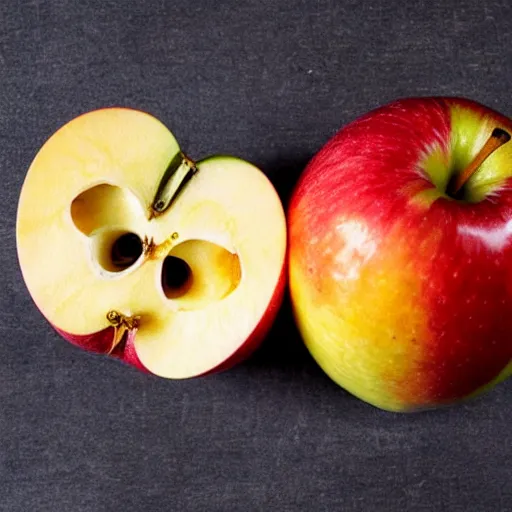 Image similar to the inside of an apple sliced in half is the flesh of an orange, apple orange