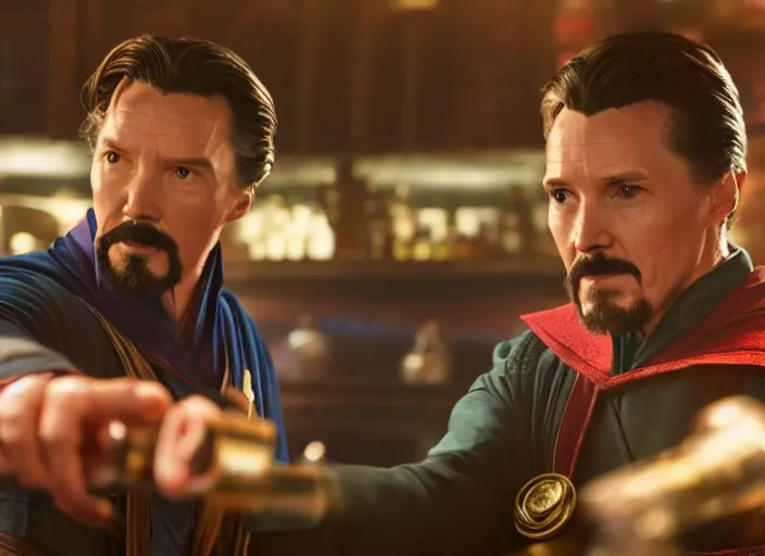 Prompt: film still of singular Doctor Strange working as a bartender in the new Avengers movie, 4k