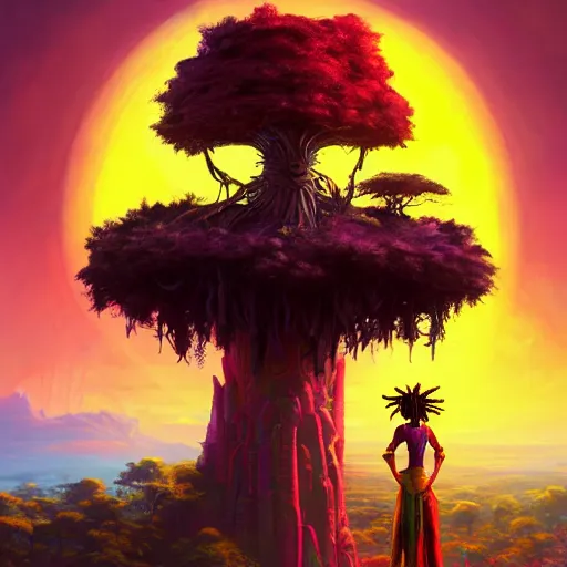 Image similar to an exotic african cyberpunk woman with colorful dreadlocks sitting on a cliff overlooking a field of colorful flowers with a giant glowing baobab tree in the middle, it is sunset, by greg rutkowski and android jones and Alena Aenami in a surreal cyberpunk! style, oil on canvas, 8k hd,