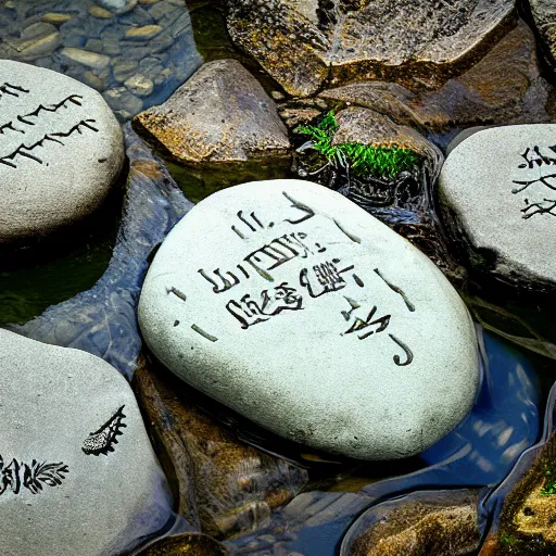 Image similar to detailed carving hunger stones in a river, photographic journalism, realistic, european river, ancient writing