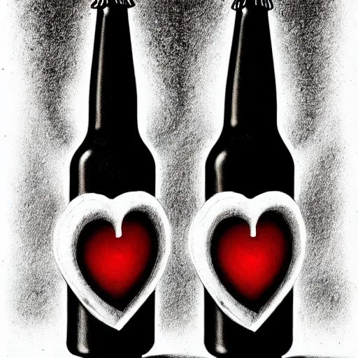 Prompt: two beers, many white hearts, friendship, love, sadness, dark ambiance, concept by Godfrey Blow, featured on deviantart, drawing, sots art, lyco art, artwork, photoillustration, poster art