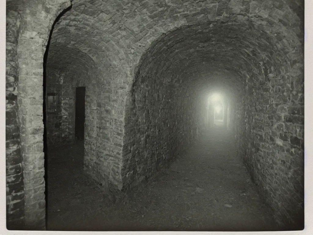 Prompt: A narrow tunnel in a dungeon. Old vintage polaroid photo