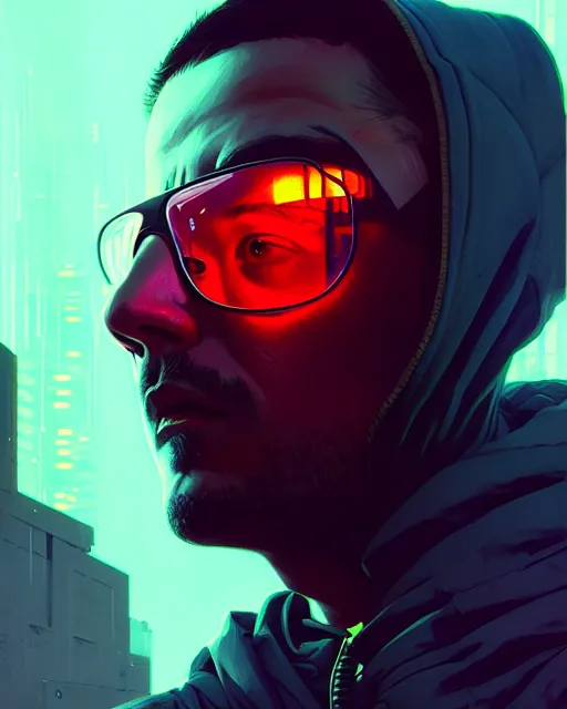 Image similar to cyberpunk synth, hyper - realistic detailed portrait of a man in a hoodie, digital painting, by artgem, by atey ghailan, by greg rutkowski, by greg tocchini, by james gilleard, by joe fenton, by kaethe butcher, sharp focus