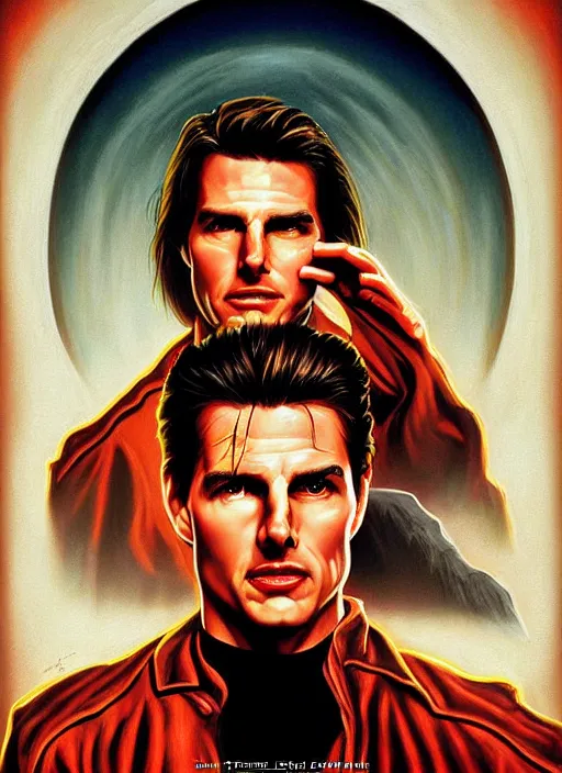 Prompt: portrait of tom cruise, an evil passes over his eyes, twin peaks poster art, from scene from twin peaks, by michael whelan, artgerm, retro, nostalgic, old fashioned, 1 9 8 0 s teen horror novel cover, book