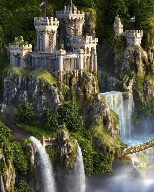 Image similar to a beautiful fantasy landscape of a large majestic castle adorned with gold linings and white marble walls from DND with lots of towers bridges and levels on top of a lush cliff with a huge waterfalls in the middle, ruins of structures at the bottom, afternoon light streaking with god rays, Dungeons and Dragons Castle, ornate, detailed, octane render, 8k, trending on artstation deviantart google images, pinterest, canon 35mm lens