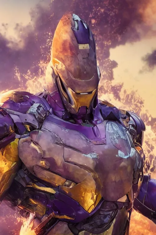 Image similar to thanos in a damaged and broken iron man suit, cinematic, volumetric lighting, f 8 aperture, cinematic eastman 5 3 8 4 film, photorealistic