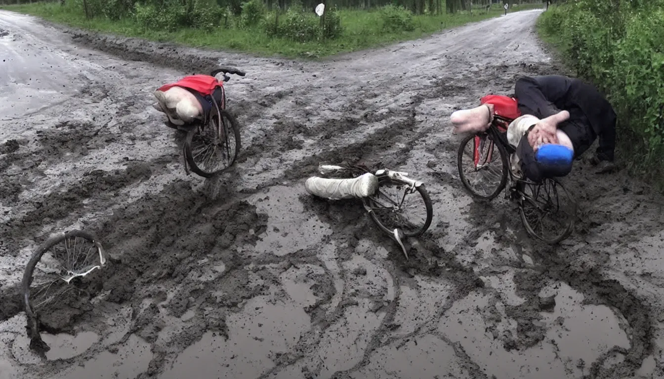 Prompt: drunk russian man driving bicycle trough potholes and mud, hilarious, funny, meme, realistic, detailed, 4 k