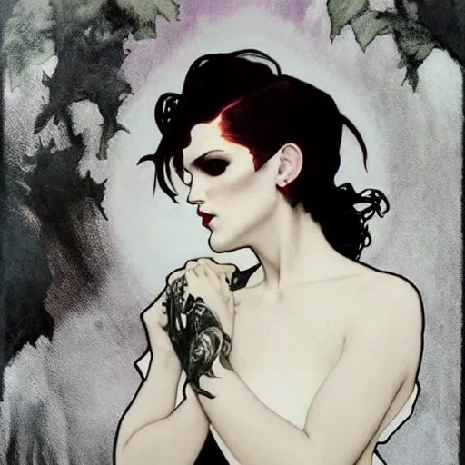 Image similar to beautiful portrait of androgynous ruby rose as desire from sandman in a white tuxedo!!!, rockabilly style,, by alphonse mucha, by jeremy mann, by peter lindbergh, dave mckean, by frank moth, white suit and black tie, soft lightning, high detailed, 8 k