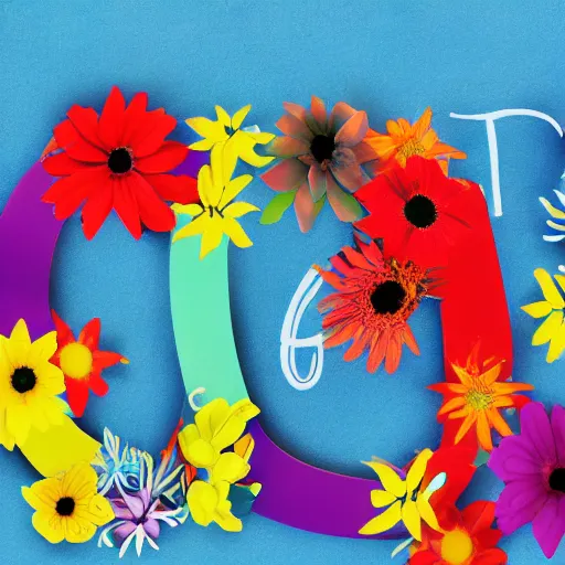 Image similar to the letter G capitalised in flowers, garland, sky background, crayon drawing style,