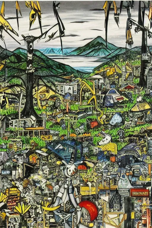 Prompt: a bernard buffet painting of the landscape of digimon world ( 1 9 9 9 ), vcr recording