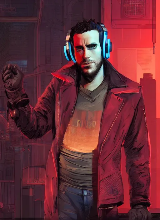 Image similar to scheming Anders. handsome cyberpunk nightclub owner wearing a cyberpunk headset and red jacket. handsome face. Realistic Proportions. Concept art by James Gurney and Laurie Greasley. Moody Industrial skyline. ArtstationHQ. Creative character design for cyberpunk 2077.