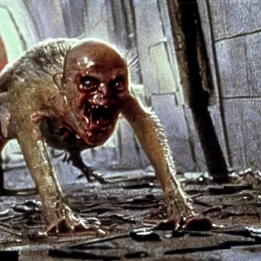 Prompt: screenshot from James Cameron film shows a zombie vampire bat crawling out of a biohazard bag.