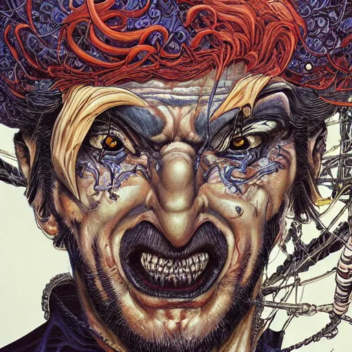 Prompt: portrait closeup of crazy captain hook, symmetrical, hyper detailed, by yoichi hatakenaka, masamune shirow, josan gonzales and dan mumford, ayami kojima, takato yamamoto, barclay shaw, karol bak, yukito kishiro