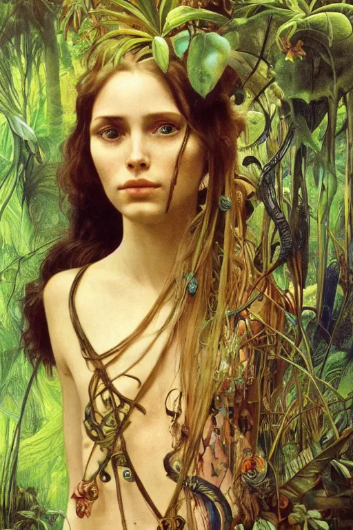 Image similar to realistic detailed portrait of bohemian girl in jungle by denis villeneuve, amano, yves tanguy, alphonse mucha, ernst haeckel, max ernst, roger dean, ridley scott, dynamic closeup