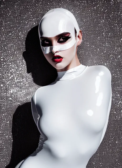 Prompt: a fierce nubile young woman with reflections in her eyes and slicked hair, wearing shiny white latex bodysuit and mask, clear skin, elegant, graceful, fashionable, cinematic, hyperdetailed illustration by irakli nadar and alexandre ferra, depth of field, global illumination,