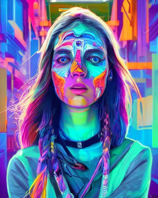 Image similar to colorful full body portrait of a hippie, set in the future 2 1 5 0 | highly detailed | very intricate | symmetrical | professional model | cinematic lighting | award - winning | painted by mandy jurgens | pan futurism, dystopian, bold colors, cyberpunk, groovy vibe, anime aesthestic | featured on artstation