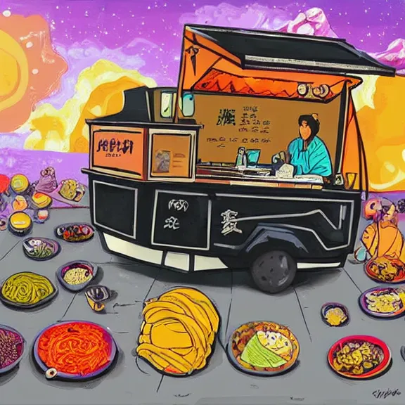 Prompt: a ramen foodcart on an asteroid at the end of the universe, cosmic and colorful, painting