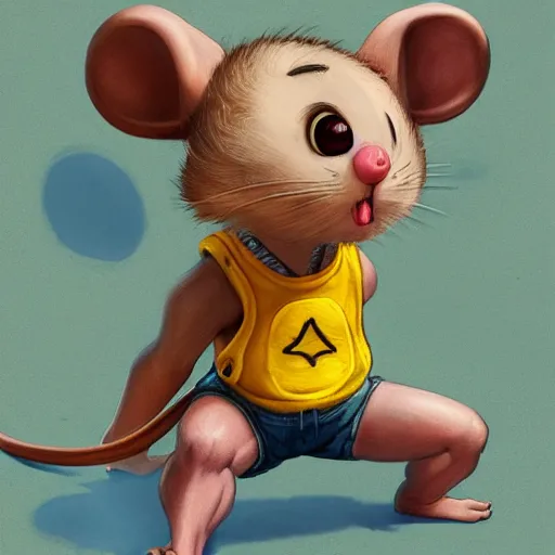 Image similar to anthropomorphic mouse wearing denim short shorts and yellow tank top, highly detailed, artgerm style, artstation, soft light, sharp focus, illustration, character design, concept art