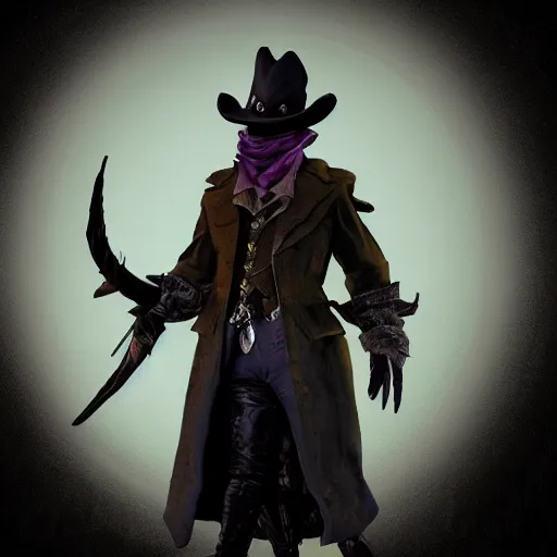 Image similar to a detailed 3 d render of darkwing duck dressed as the hunter from bloodborne, let's get dangerous, in the style animation of darkwing duck, digital art, dark fantasy, concept art, soulslike, by alphonse mucha, blood moon eclipse, wherewolves in a ruined building in the background, artstation, 8 k, unreal engine render