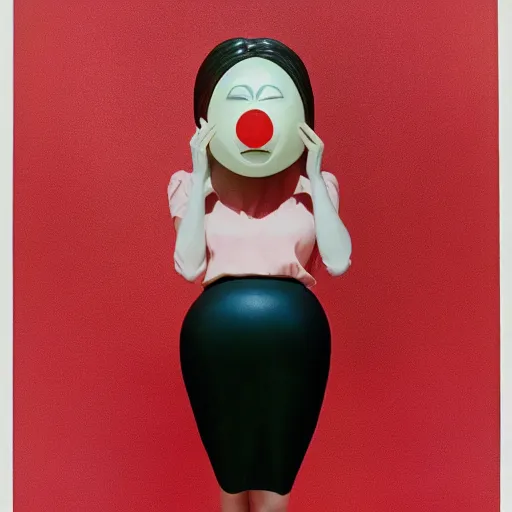 Image similar to glamorous woman with an inflatable spherical prosthetic nose, circular cardboard cartoon eyes, 1 9 7 2, color, chantal akerman, medium - shot 1 6 mm film, interior