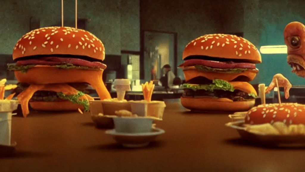 Image similar to the strange burger creature at the fast food place, film still from the movie directed by denis villeneuve and david cronenberg with art direction by salvador dali and zdzisław beksinski, wide lens