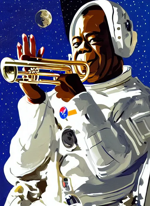 Prompt: a portrait of louis armstrong wearing a space suit on the moon, with faraway trumpet floating in space, by greg manchess and john singer sargent and jonathan yeo, dramatic lighting, highly detailed digital painting