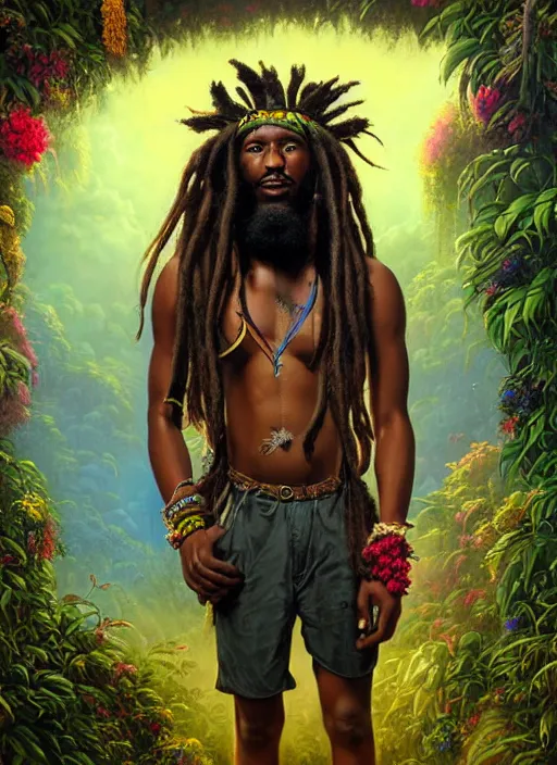 Image similar to portrait of fearless jamaican rasta warrior with flowing dreadlocks, surrounded by flowers of ganja. afrogoth matte painting concept art, beautifully backlit, intricate digital painting, subtle tones, cinematic aesthetic octane render, grimdark, by rhads, james jean, ross tran and artgerm