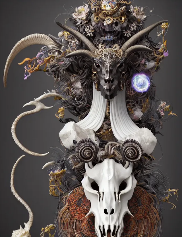 Image similar to 3 d goddess goat skull half - turn portrait with long hair with ram skull. beautiful intricately detailed japanese crow kitsune mask and clasical japanese kimono. betta fish, jellyfish phoenix, bio luminescent, plasma, ice, water, wind, creature, artwork by tooth wu and wlop and beeple and greg rutkowski