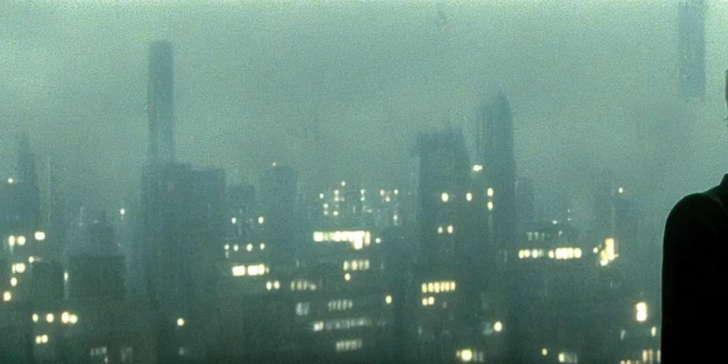 Image similar to beautiful cinematic film still of steve buscemi smoking a cigarette on a building top overlooking the rainy city in blade runner, 4 k