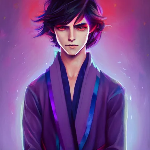 Prompt: colorful and festive captivating teenager boy with straight indigo hair, purple eyes with red eye markers, slim body, wearing a detailed japanese kimono. rich vivid colors, ambient lighting, dynamic lighting, 4 k, atmospheric lighting, painted, intricate, highly detailed by charlie bowater