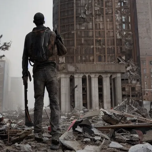 Prompt: still image of a man wearing a full backpack on his back, holding an old rifle in his right hand looking at an old demolished statue with a head missing, post apocalyptic, dark