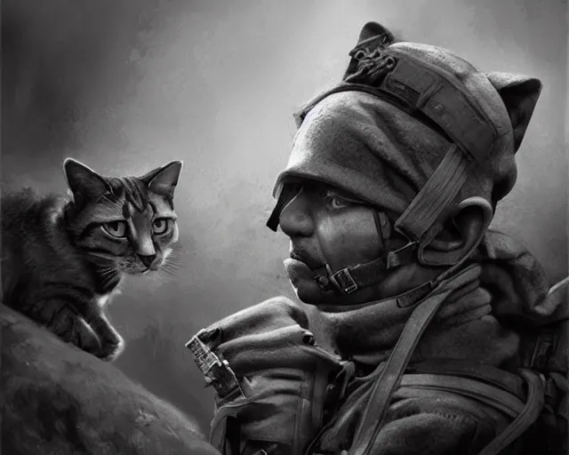 Image similar to A soldier talking to a cat in world war 1, close-up, realistic face, beautiful face detail, mature facial features, black and white, amazing digital art, hyper detailed, artstation, in the style of Tony Sart