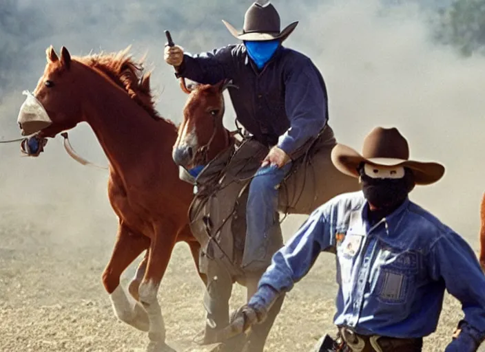 Image similar to a cowboy horse chase vigilantes with face masks disguise, shoot out, exploding horse wide shot, from the hit 1 9 9 0 s tv show on tnt