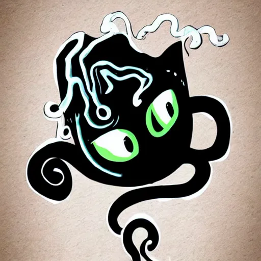 Prompt: a cute digital art of black ink slime in form of liquid black cat with tentacles , cartoon sticker illustration , dnd slime art