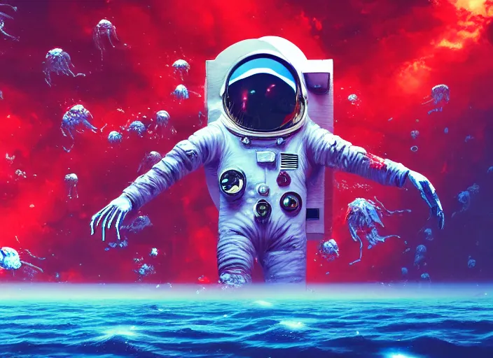 Prompt: a dreamlike scene of an astronaut swimming through the ocean surrounded by aliens, masterpiece, illustration, perfect, trending on pixiv, trending on artstation, background is falling apart into puzzle pieces, geysers of water spraying everywhere, red ink splatters amongst skeletal bones