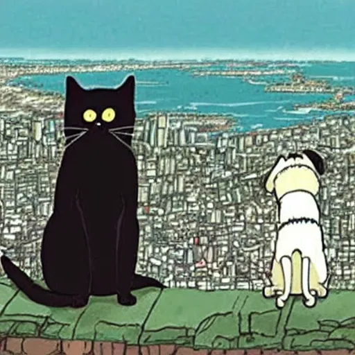 Image similar to a black cat and pug dog hold hands and look out over a city, Miyazaki, studio ghibli