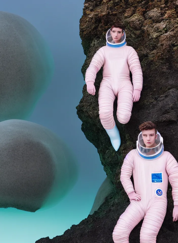 Image similar to high quality pastel coloured film portrait photograph of one beautiful young 2 0 year old male, soft features, short hair, wearing perspex space suit and oversized inflated clothing!! icelandic black rock pool environment. atmospheric three point light. photographic. art directed. ( pastel colours ). volumetric. clearcoat. waves. 8 k. filmic.