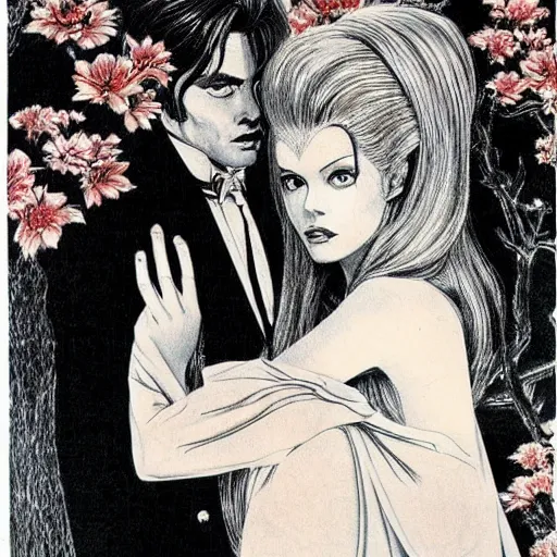 Image similar to 1 9 6 0 s drawing symmetrical pretty elegant brigitte bardot as a vampire with alain delon, very detailed intricate intaglio, style of takato yamamoto!!! lots of flowers