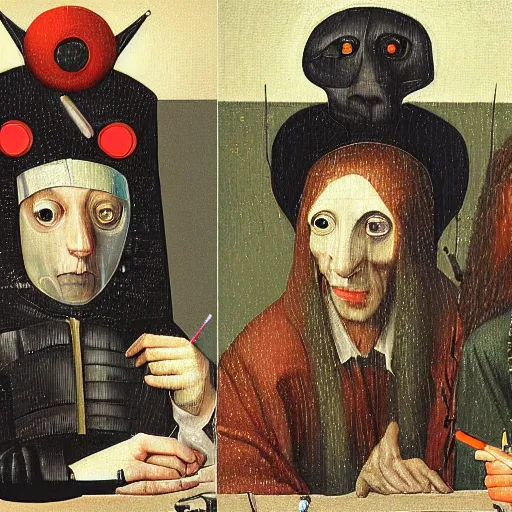 Prompt: three electronic musicians painted in the style of Hieronymus Bosch