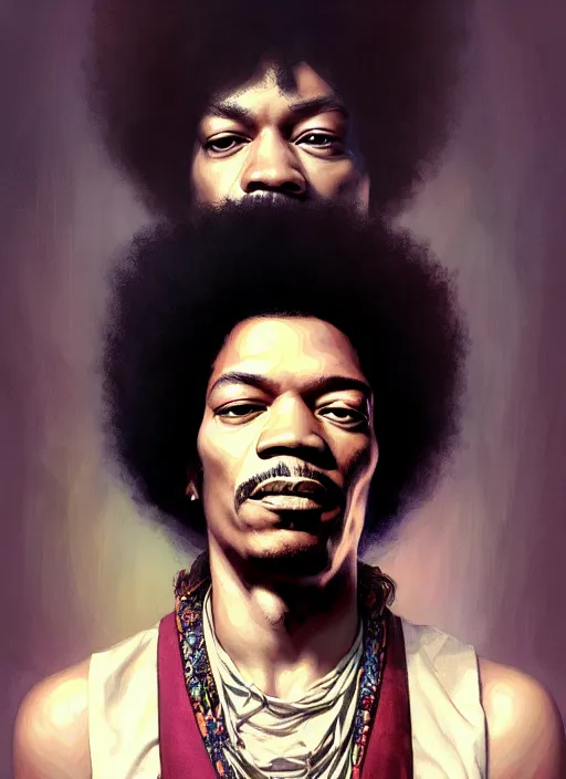 Prompt: portrait of jimmy hendrix, intricate, elegant, highly detailed, digital painting, artstation, concept art, smooth, sharp focus, illustration, art by artgerm, greg rutkowski, alphonse mucha, uang guangjian, gil elvgren, sachin teng, symmetry!!