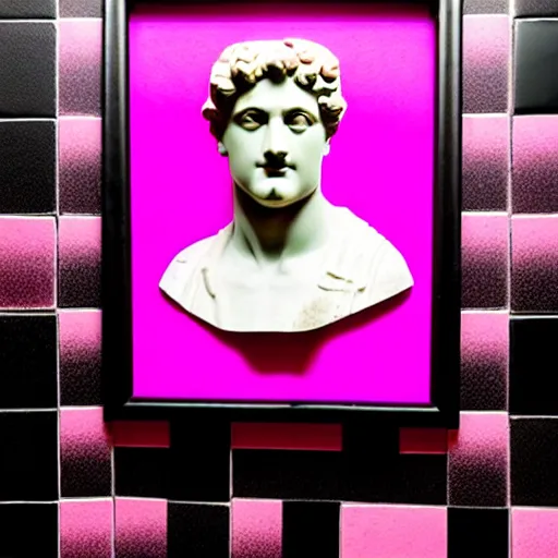Image similar to a greco - roman marble bust sits on a pink and black checkerboard tile floor, a pink wall in the background with a framed photo of a cityscape at night