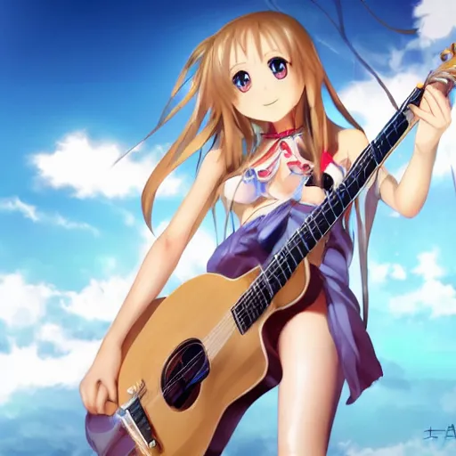 Image similar to a very beautiful young yuuki asuna playing guitar, full body, long wavy blond hair, sky blue eyes, full round face,, bikini, miniskirt, front view, mid - shot, highly detailed, cinematic wallpaper by stanley artgerm lau