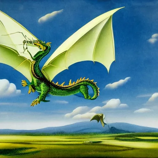 Prompt: Dragon flying above a green field in style of Dali