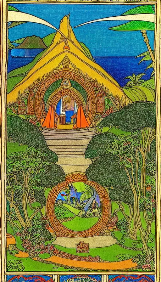 Image similar to hobbit monastery on hawaii, by Ivan Bilibin,