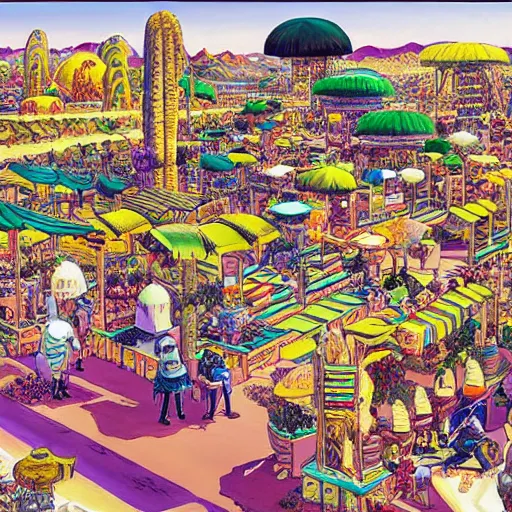 Prompt: a beautiful painting of a desert marketplace filled with alien people by hirohiko araki, detailed line art, jojos bizarre adventure