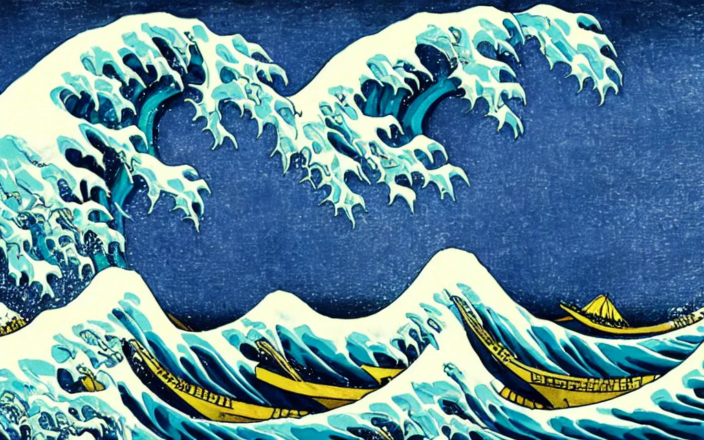 Prompt: a very beautiful and detailed painting of the great wave off kanagawa. vincent van gogh, 1 8 8 9. high resolution