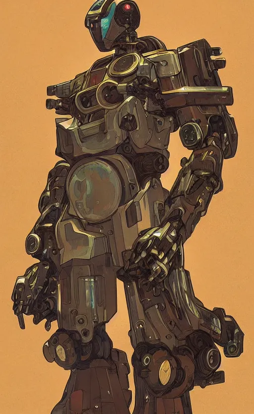 Image similar to upper half portrait of army mecha robot, art by alphonse mucha, highly detailed, digital painting, concept art, illustration, smooth sharp focus, intricate, symmetry, artstation, colourful,