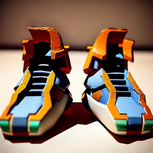 Image similar to realistic scultpure of sneaker! design, sneaker design overwatch fantasy style mixed with aztec mayan native street fashion, focus on sneakers only, shoes designed by akira toriyama and studio ghibli