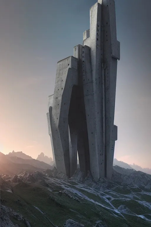 Image similar to sci - fi concrete brutalist architecture in the italian dolomites, zaha hadid, beksinski, oil painting, photoreal, highly detailed, 8 k, hd, vray, artstation, cinematic matte painting, extreme detail photo quality, sunset, featured on behance