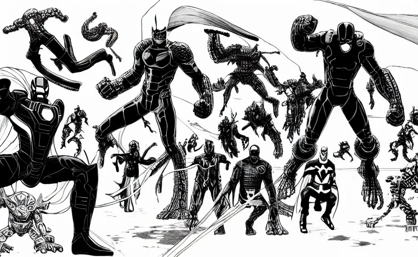 Image similar to black and white avengers fights with marvel monsters, isometric, by tsutomu nihei